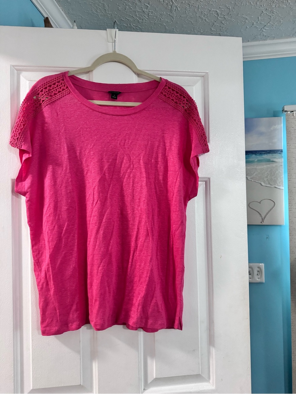 Ann Taylor Hot Pink Crochet Shoulder Short Sleeve Tee